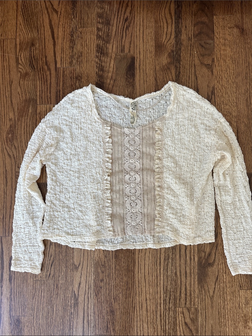 Free People Ivory Crochet-Panel Long Sleeve Top